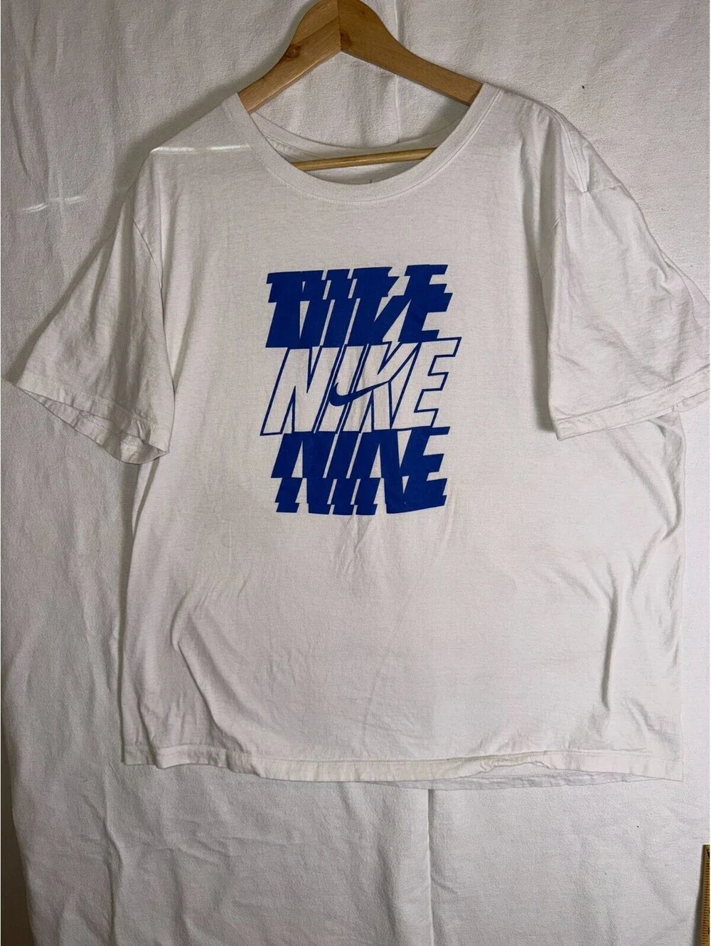Nike Mens 2XL White T Shirt Graphic Blue Stacked Swoosh Short Sleeve Casual